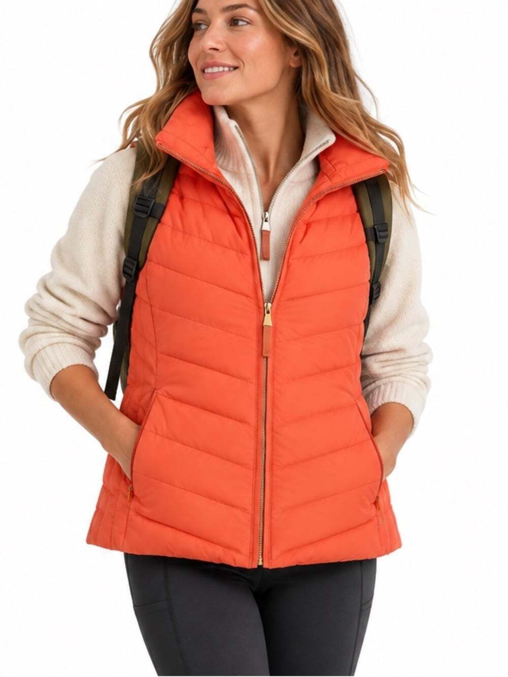 Talbots Bright Orange Down Puffer Vest XS Chevron Quilted Zip Front Stand Collar